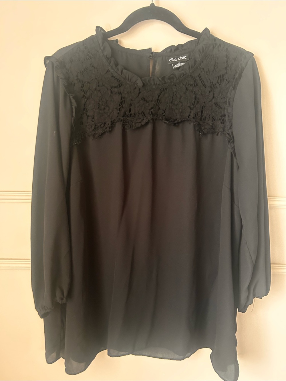 City Chic Black Lace Yoke Long Sleeve Blouse